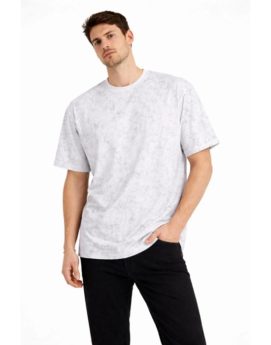 Erkek Asit Yıkama Bisiklet Yaka Kısa Kollu Oversize T-Shirt Tişört - Beyaz