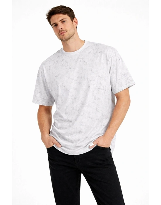 Erkek Asit Yıkama Bisiklet Yaka Kısa Kollu Oversize T-Shirt Tişört - Beyaz