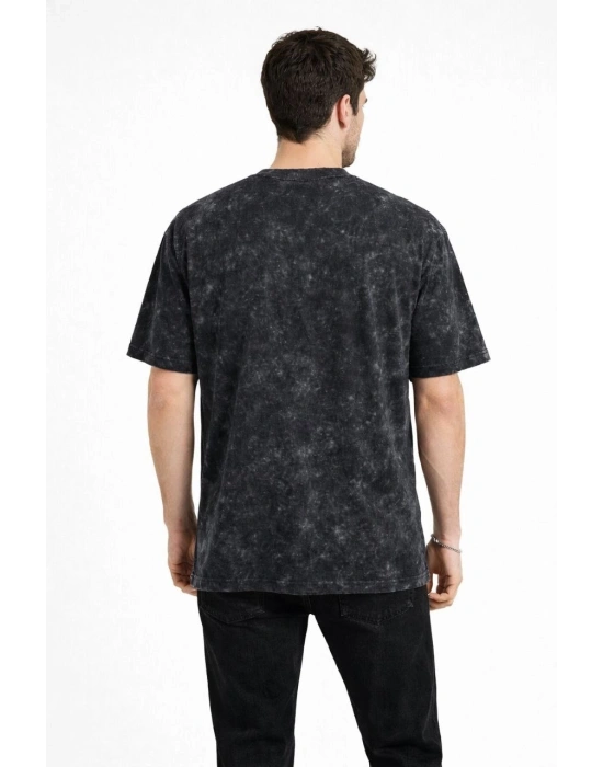 Erkek Asit Yıkama Bisiklet Yaka Kısa Kollu Oversize T-Shirt Tişört - Siyah