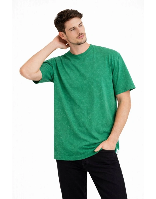 Erkek Asit Yıkama Bisiklet Yaka Kısa Kollu Oversize T-Shirt Tişört - Yeşil