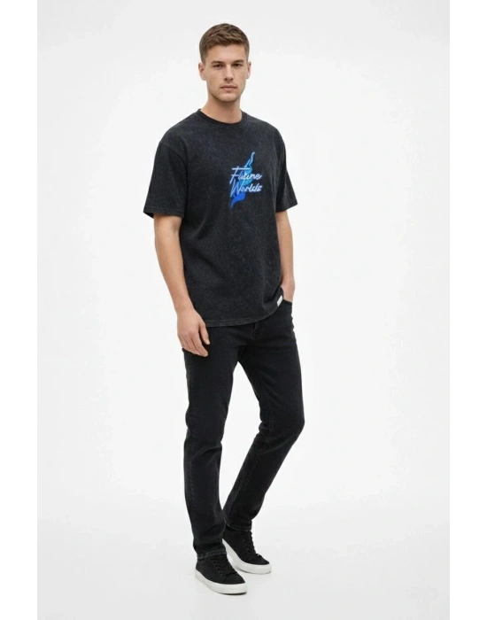 Erkek Asit Yıkamalı Oversize Tişört Future Worlds Baskılı Bisiklet Yaka Kısa Kollu - Siyah