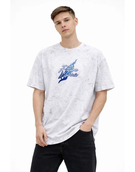 Erkek Asit Yıkamalı Oversize Tişört Future Worlds Baskılı Bisiklet Yaka Kısa Kollu - Beyaz