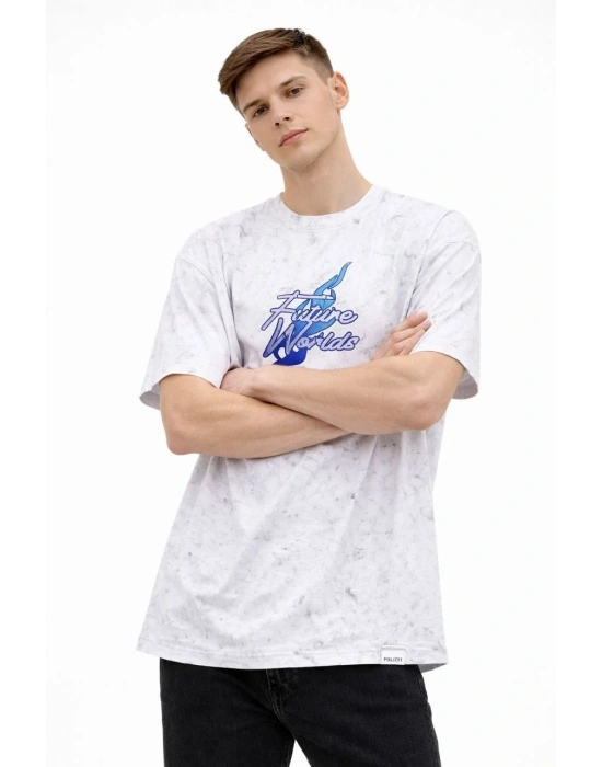 Erkek Asit Yıkamalı Oversize Tişört Future Worlds Baskılı Bisiklet Yaka Kısa Kollu - Beyaz