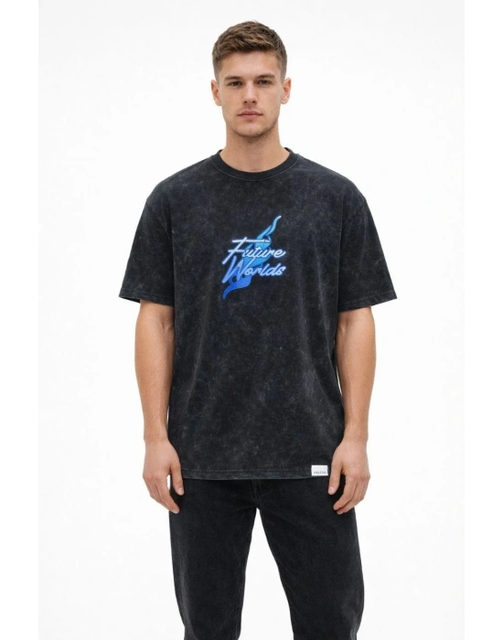 Erkek Asit Yıkamalı Oversize Tişört Future Worlds Baskılı Bisiklet Yaka Kısa Kollu - Siyah