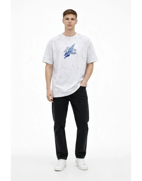 Erkek Asit Yıkamalı Oversize Tişört Future Worlds Baskılı Bisiklet Yaka Kısa Kollu - Beyaz