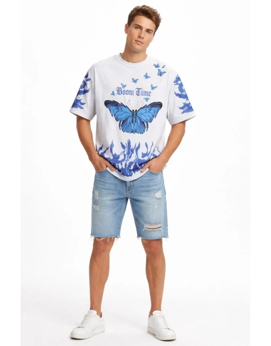 Erkek Asit Yıkamalı Oversize Tişört Mavi Kelebek Baskılı Dijital Print Bisiklet - Beyaz