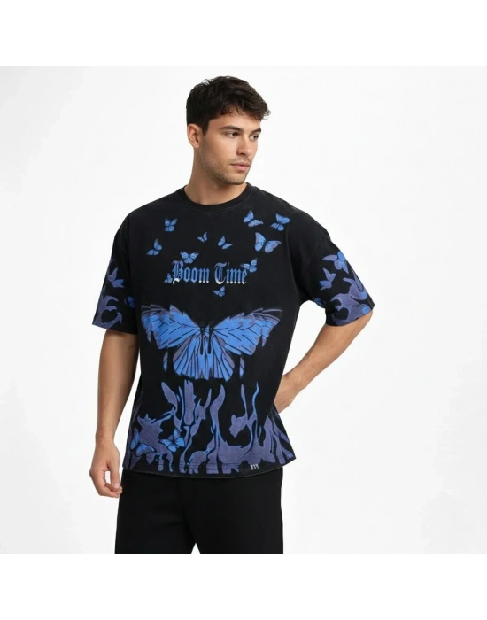 Erkek Asit Yıkamalı Oversize Tişört Mavi Kelebek Baskılı Dijital Print Bisiklet - Siyah