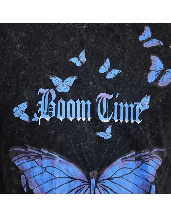 Erkek Asit Yıkamalı Oversize Tişört Mavi Kelebek Baskılı Dijital Print Bisiklet - Siyah