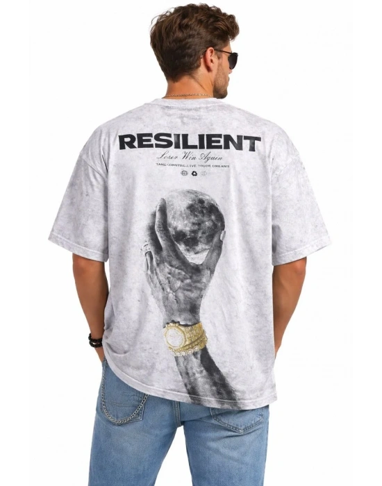 Erkek Asit Yıkamalı Oversize Tişört ön ve Arkası Baskılı %100 Pamuk Street Style - Beyaz