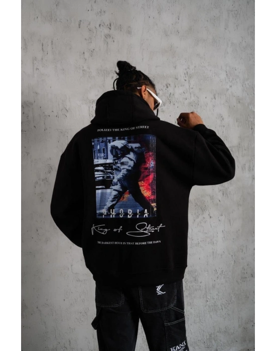 Erkek Astronot Baskılı Kapüşonlu Sweat - Siyah