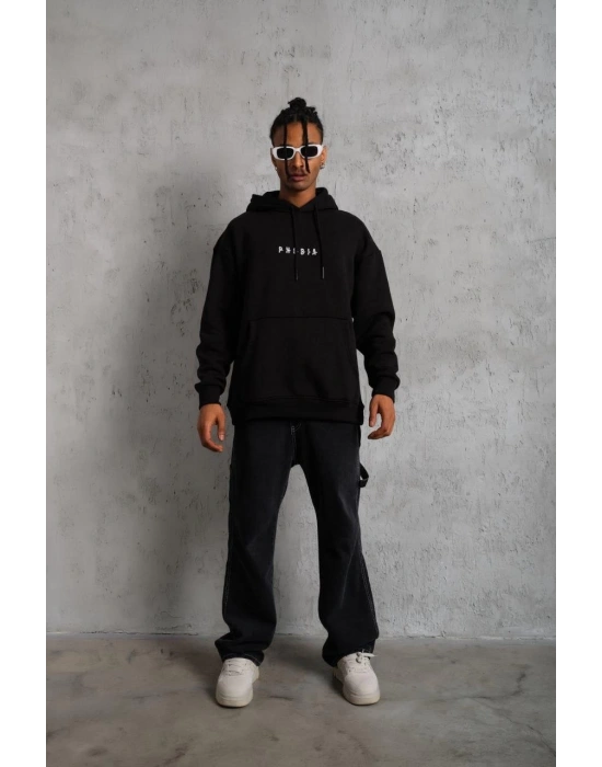 Erkek Astronot Baskılı Kapüşonlu Sweat - Siyah