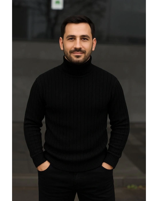 Erkek Balıkcı Yaka Bağazlı Triko Kazak Pamuklu Kalın Fitilli Dokuma Regular Fit - Siyah