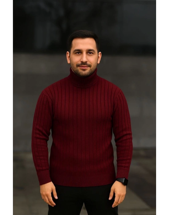 Erkek Balıkcı Yaka Bağazlı Triko Kazak Pamuklu Kalın Fitilli Dokuma Regular Fit - Bordo