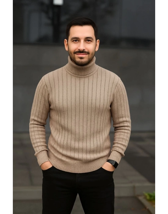 Erkek Balıkcı Yaka Bağazlı Triko Kazak Pamuklu Kalın Fitilli Dokuma Regular Fit Uzun - Bej
