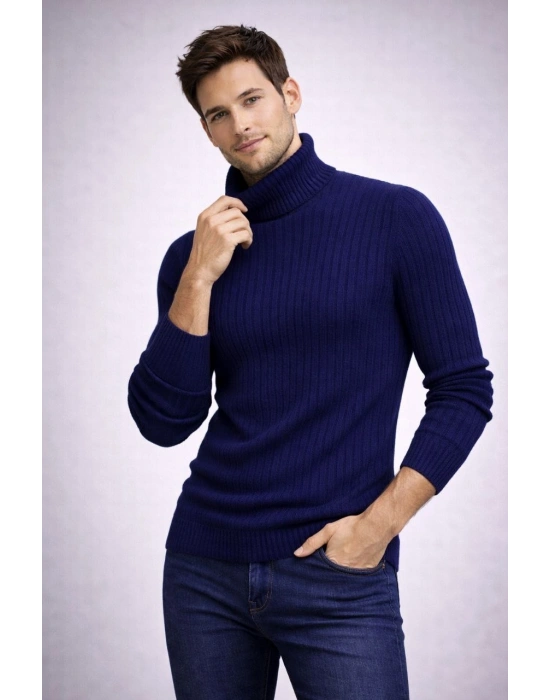 Erkek Balıkcı Yaka Bağazlı Triko Kazak Pamuklu Kalın Fitilli Dokuma Regular Fit - Lacivert
