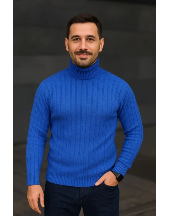 Erkek Balıkcı Yaka Bağazlı Triko Kazak Pamuklu Kalın Fitilli Dokuma Regular - Saks Mavisi