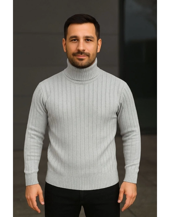 Erkek Balıkcı Yaka Bağazlı Triko Kazak Pamuklu Kalın Fitilli Dokuma Regular Fit Uzun - Gri