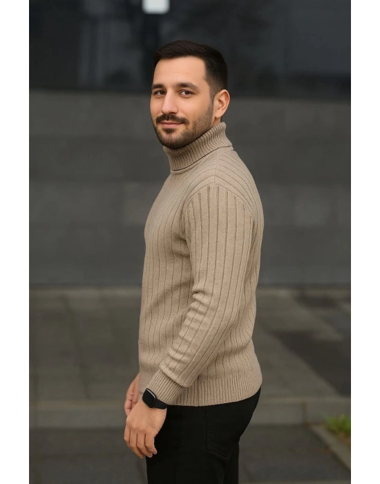 Erkek Balıkcı Yaka Bağazlı Triko Kazak Pamuklu Kalın Fitilli Dokuma Regular Fit Uzun - Bej