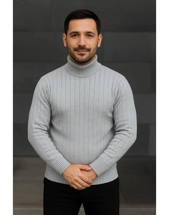 Erkek Balıkcı Yaka Bağazlı Triko Kazak Pamuklu Kalın Fitilli Dokuma Regular Fit Uzun - Gri