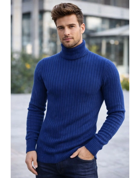 Erkek Balıkcı Yaka Bağazlı Triko Kazak Pamuklu Kalın Fitilli Dokuma Regular Fit - İndigo