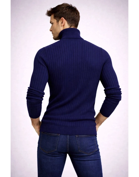 Erkek Balıkcı Yaka Bağazlı Triko Kazak Pamuklu Kalın Fitilli Dokuma Regular Fit - Lacivert