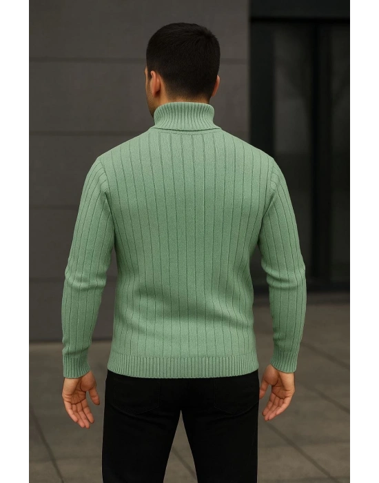 Erkek Balıkcı Yaka Bağazlı Triko Kazak Pamuklu Kalın Fitilli Dokuma Regular - Mint Yeşili