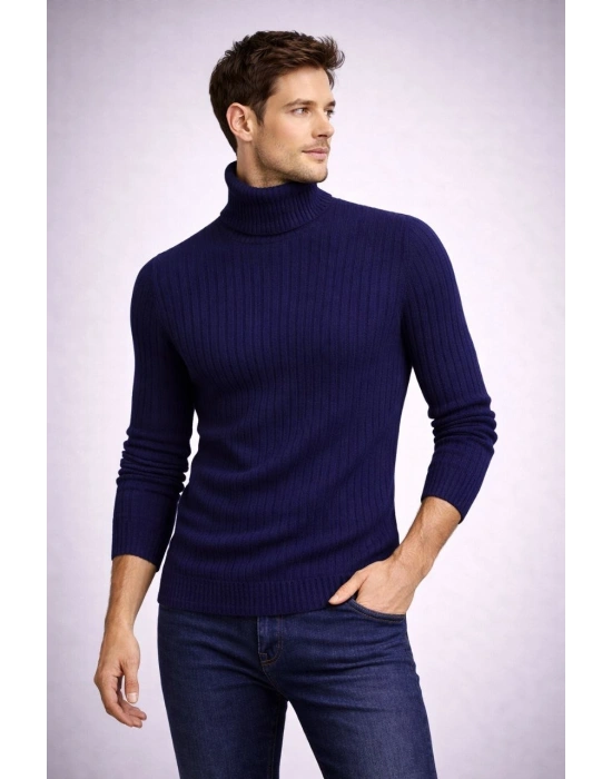 Erkek Balıkcı Yaka Bağazlı Triko Kazak Pamuklu Kalın Fitilli Dokuma Regular Fit - Lacivert