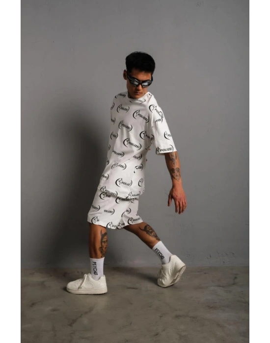 Erkek Baskılı İkili Şortlu Takım - Beyaz