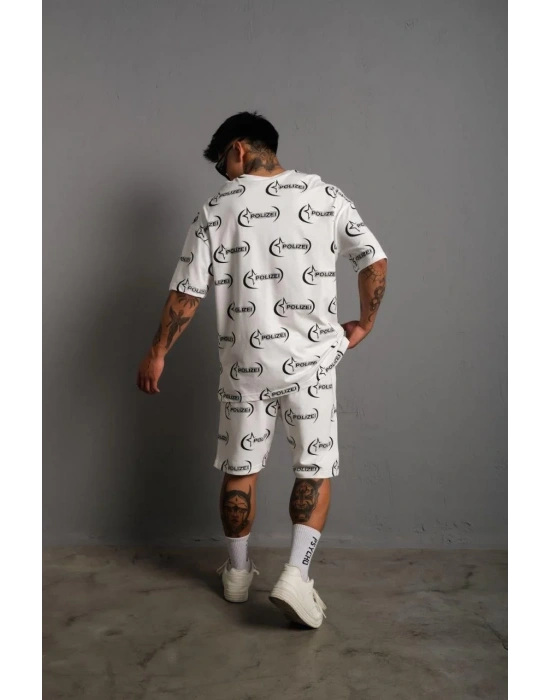 Erkek Baskılı İkili Şortlu Takım - Beyaz