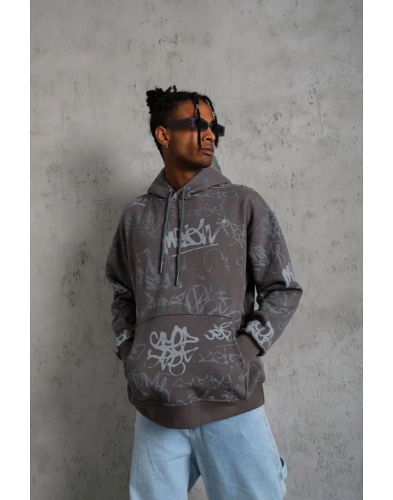 Erkek Baskılı Kapüşonlu Ribanalı Sweat - Gri