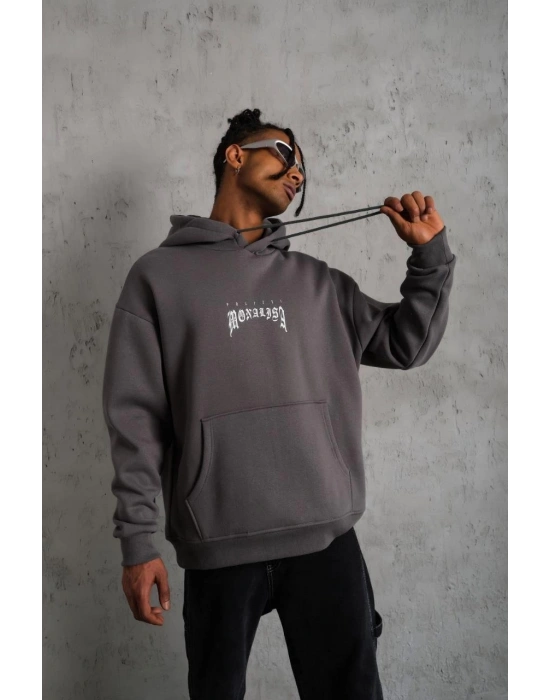 Erkek Baskılı Kapüşonlu ve Kanguru Cepli Sweat- Gri