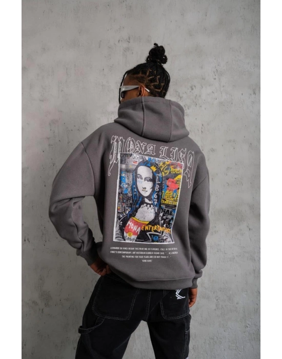 Erkek Baskılı Kapüşonlu ve Kanguru Cepli Sweat- Gri