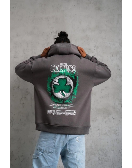 Erkek Baskılı Kapüşonlu ve Kordon İpli Sweat - Gri