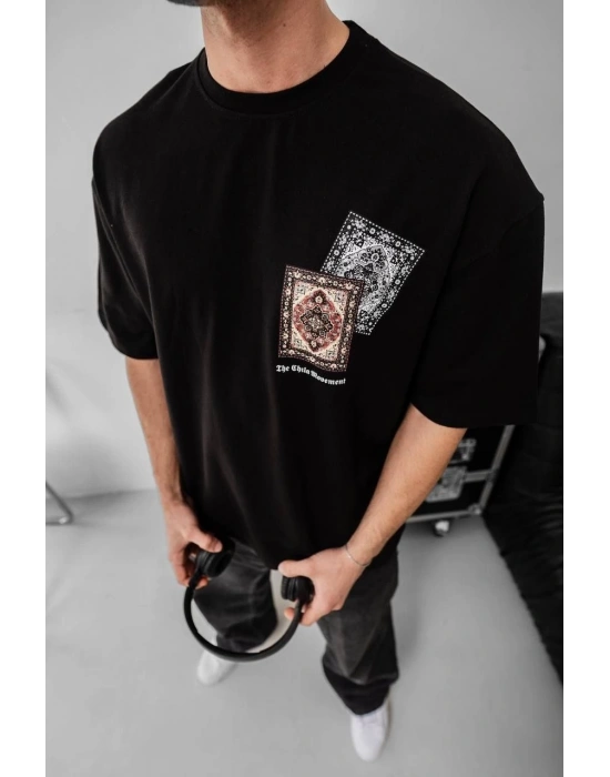 Erkek Baskılı Oversize T-shirt - Siyah
