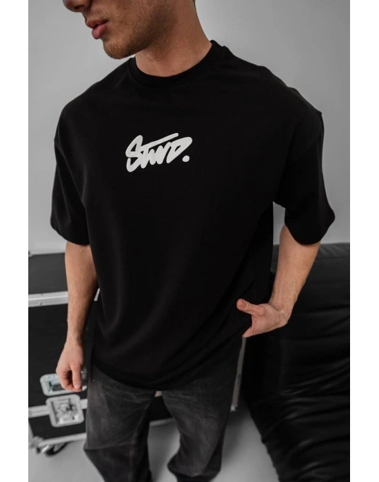 Erkek Baskılı Oversize T-shirt - Siyah