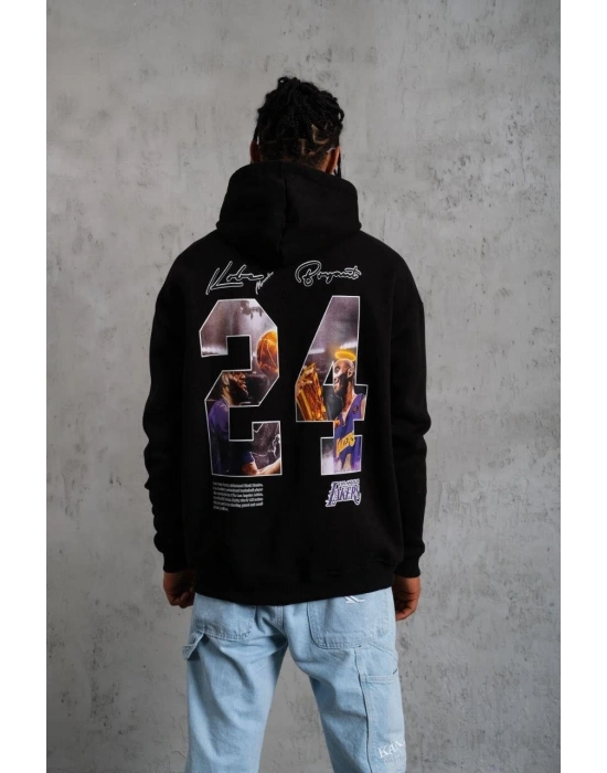 Erkek Baskılı Oversize Üç İplik Kapüşonlu Sweatshirt - Siyah