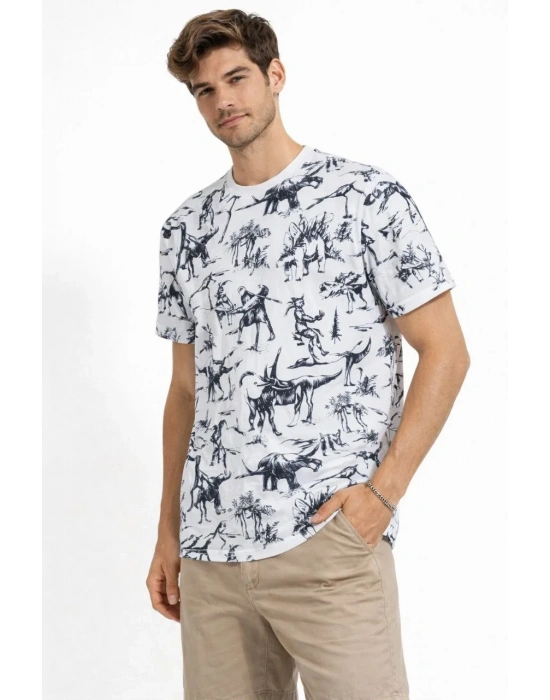 Erkek Beyaz Dinozor Desenli Tişört Regular Fit Bisiklet Yaka Dijital Baskılı - Beyaz