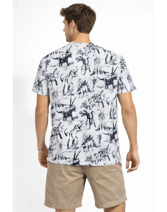 Erkek Beyaz Dinozor Desenli Tişört Regular Fit Bisiklet Yaka Dijital Baskılı - Beyaz