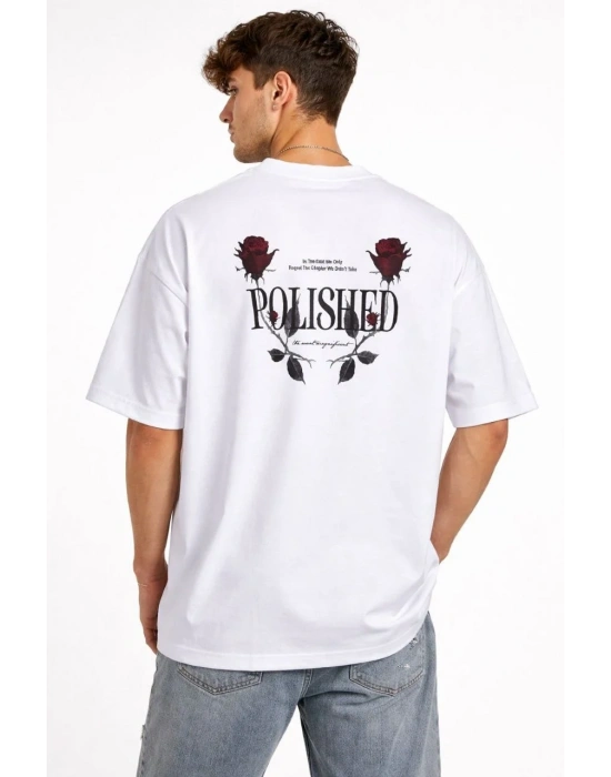 Erkek Bisiklet Yaka Baskılı Kısa Kollu Tişört Streetwear Günlük Basic Pamuklu T-shirt - Beyaz