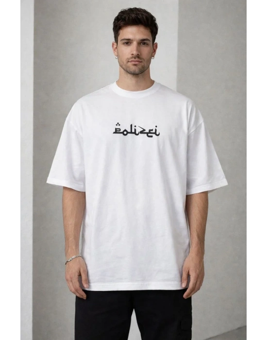 Erkek Bisiklet Yaka Baskılı Kısa Kollu Tişört Streetwear Günlük Basic Pamuklu T-shirt - Beyaz