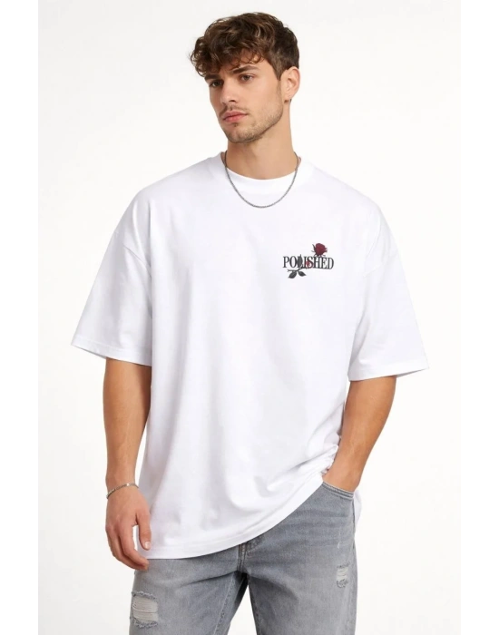 Erkek Bisiklet Yaka Baskılı Kısa Kollu Tişört Streetwear Günlük Basic Pamuklu T-shirt - Beyaz