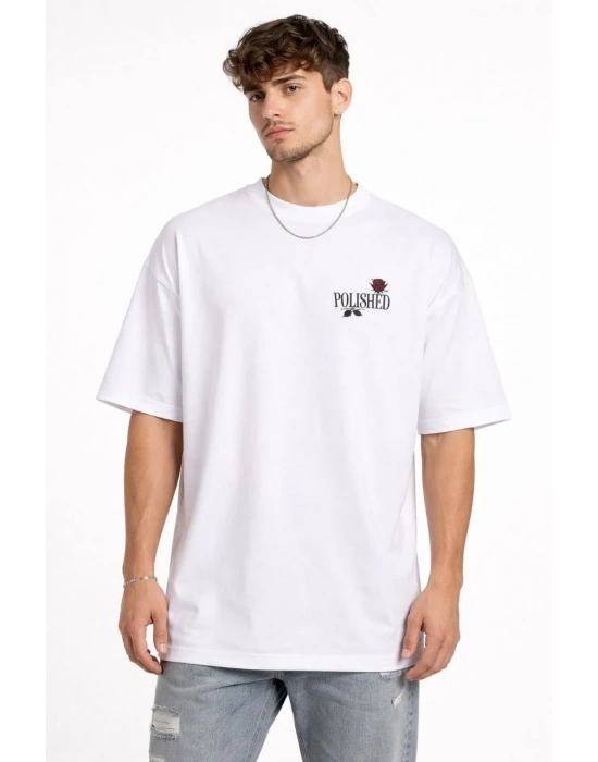Erkek Bisiklet Yaka Baskılı Kısa Kollu Tişört Streetwear Günlük Basic Pamuklu T-shirt - Beyaz