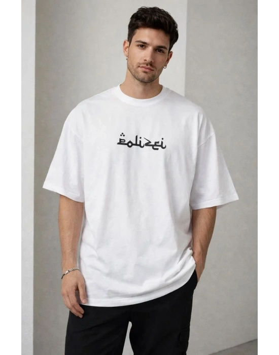 Erkek Bisiklet Yaka Baskılı Kısa Kollu Tişört Streetwear Günlük Basic Pamuklu T-shirt - Beyaz