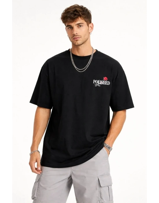 Erkek Bisiklet Yaka Baskılı  Kısa Kollu Tişört Streetwear Günlük Basic Pamuklu T-shirt - Siyah