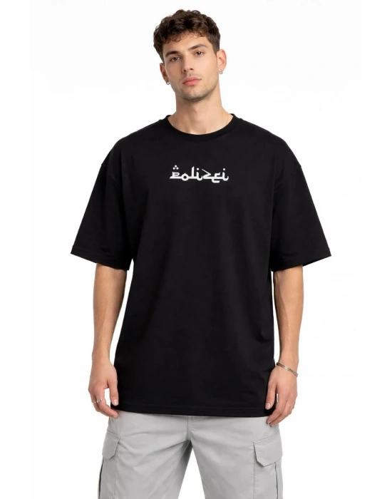 Erkek Bisiklet Yaka Baskılı Kısa Kollu Tişört Streetwear Günlük Basic Pamuklu T-shirt - Siyah