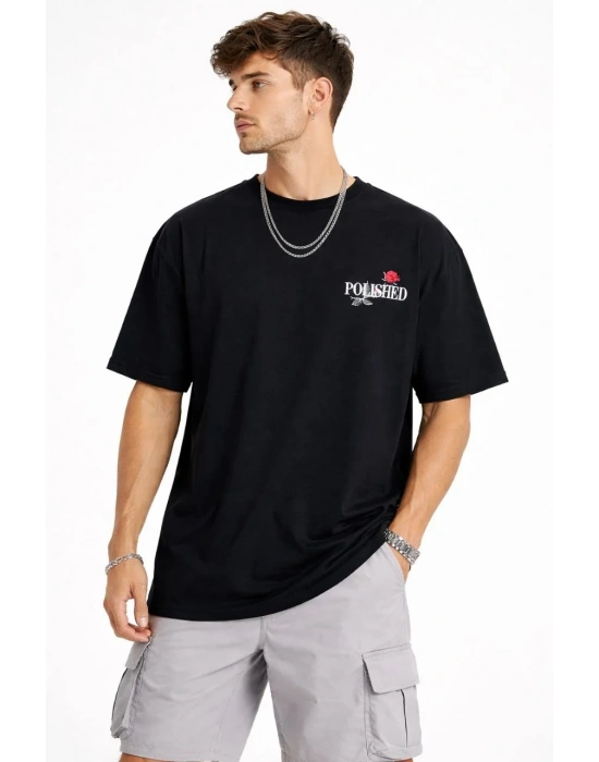 Erkek Bisiklet Yaka Baskılı  Kısa Kollu Tişört Streetwear Günlük Basic Pamuklu T-shirt - Siyah