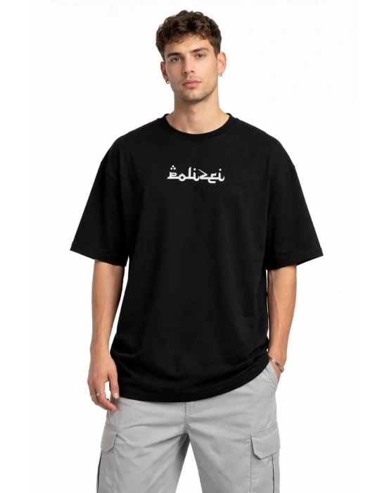 Erkek Bisiklet Yaka Baskılı Kısa Kollu Tişört Streetwear Günlük Basic Pamuklu T-shirt - Siyah