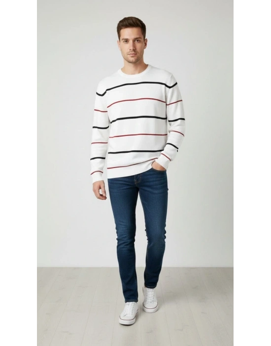 Erkek Bisiklet Yaka Cizgili Triko Kazak yumuşak dokulu Pamuklu ince Dokuma uzun - Beyaz