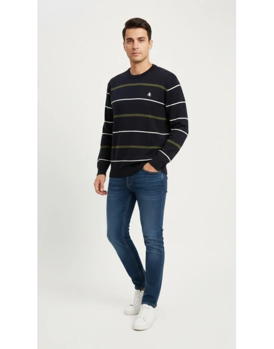 Erkek Bisiklet Yaka Cizgili Triko Kazak yumuşak dokulu Pamuklu ince Dokuma uzun - Lacivert