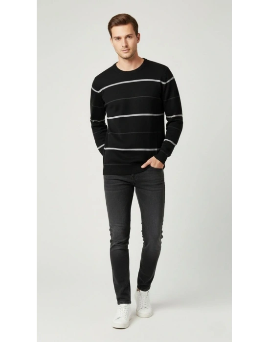 Erkek Bisiklet Yaka Cizgili Triko Kazak yumuşak dokulu Pamuklu ince Dokuma uzun - Siyah